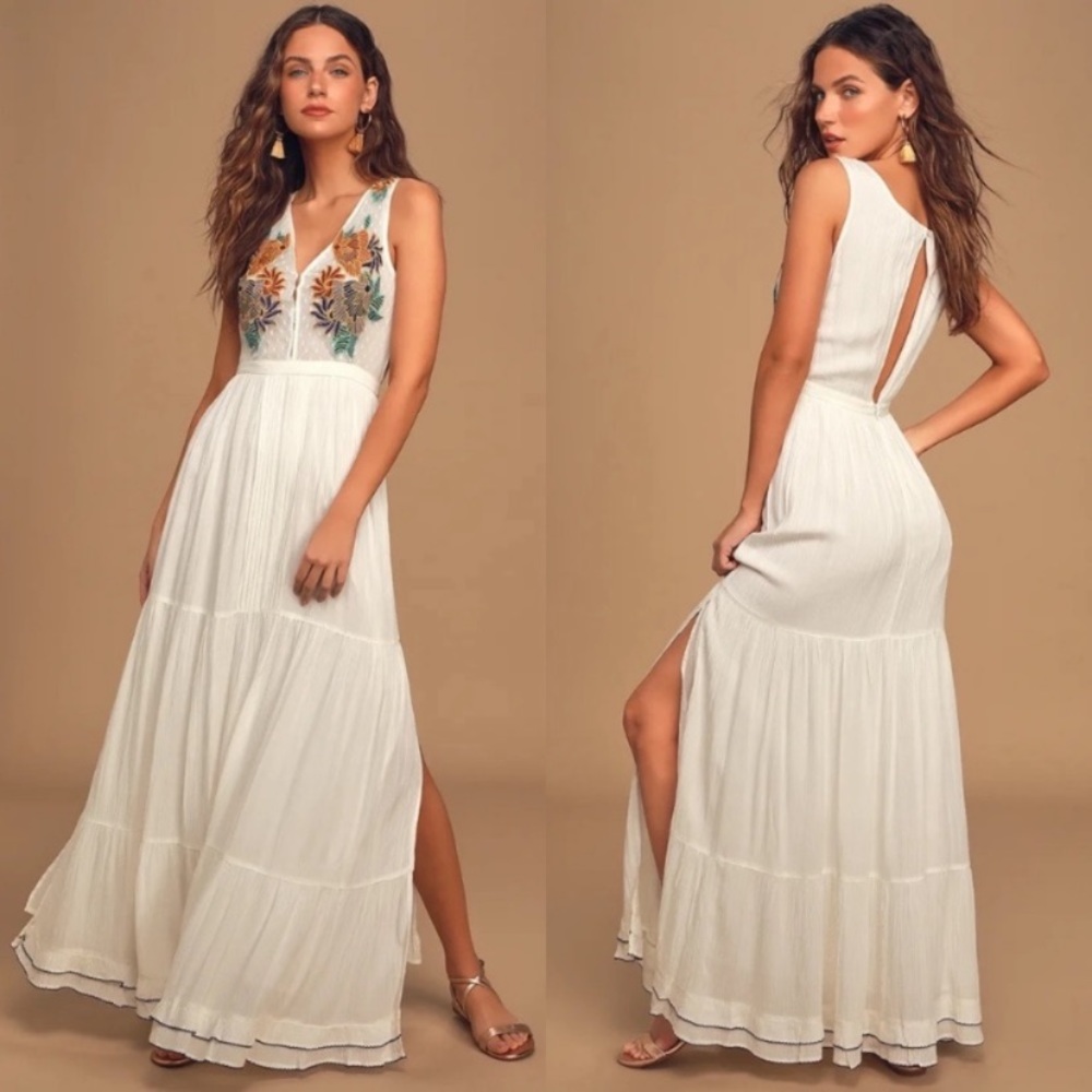 Lulus Tickets To Paradise White Embroidered Maxi Dress Large